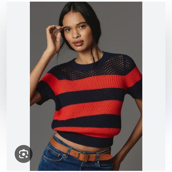 Anthropologie Maeve Short-Sleeve Open-Stitch Mesh Sweater